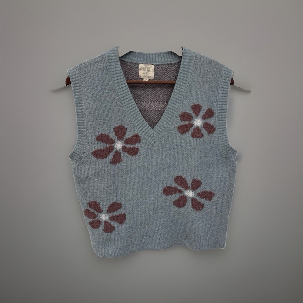 Hippie Rose Sweater Vest Women S Blue Gray Floral Academic College Fun Cozy